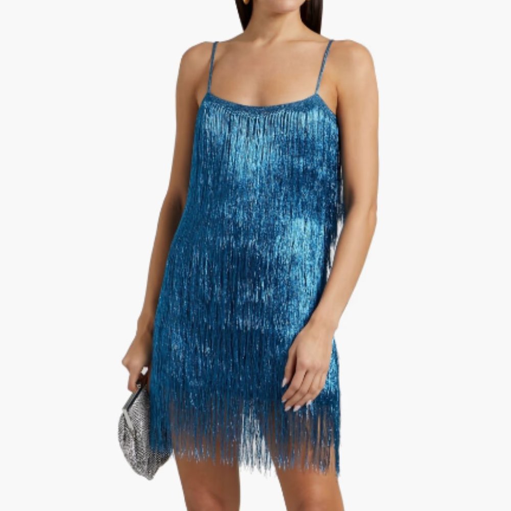 RACHEL ZOE Della fringed metallic blue turquoise mini dress NWT size M